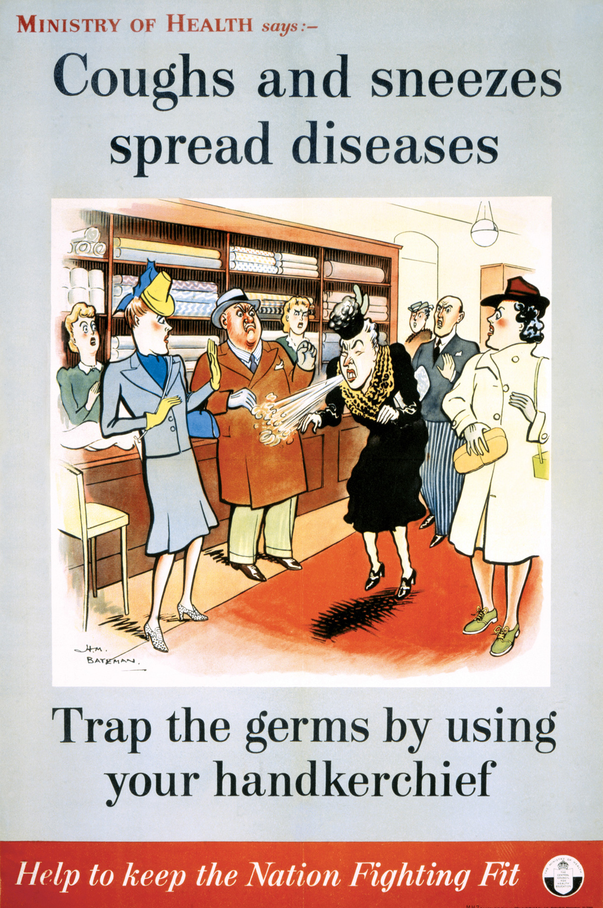A drawing by Herbert Mayo Bateman, from the “Coughs & Sneezes Spread Diseases” series commissioned by the Ministry of Health, England, ninerteen forty two.