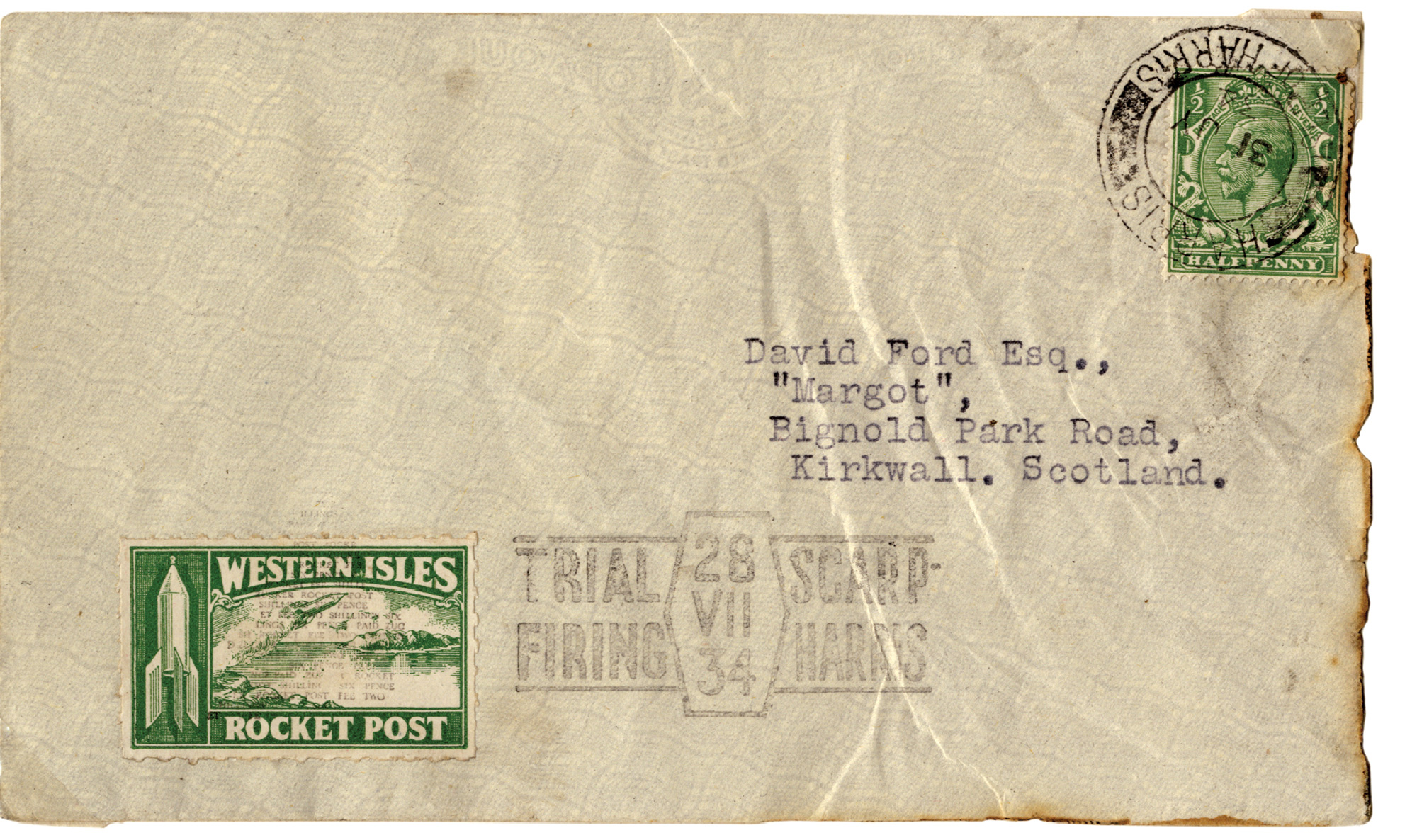 One of the singed letters from the failed Scarp-Harris experiment. Zucker’s specially made rocket stamp appears bottom left. The letter was subsequently sent by regular mail.