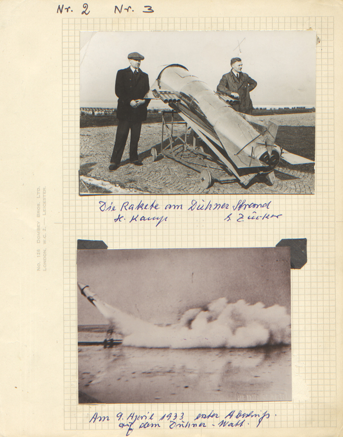 A page from the scrapbook with two images, one showing Zucker leaning against the rocket used in the launch at Duhnen, Germany, in 1933, and a photo of the launch itself.
