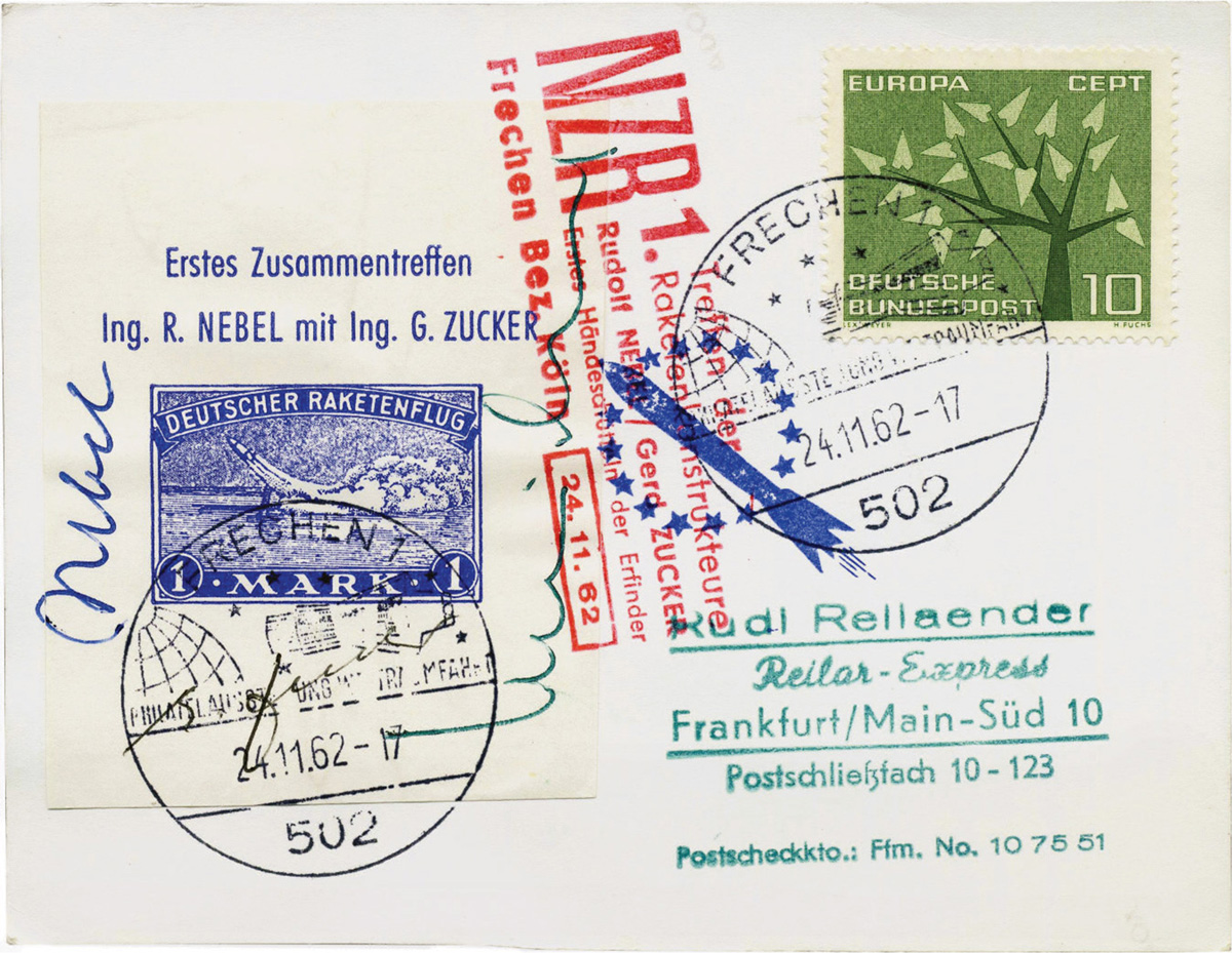 Letter launched by Zucker on 11 November nineteen sixty two in Frechen, Germany; two years later, Zucker launched his last rocket mail flight, which resulted in the accidental deaths of two onlookers.