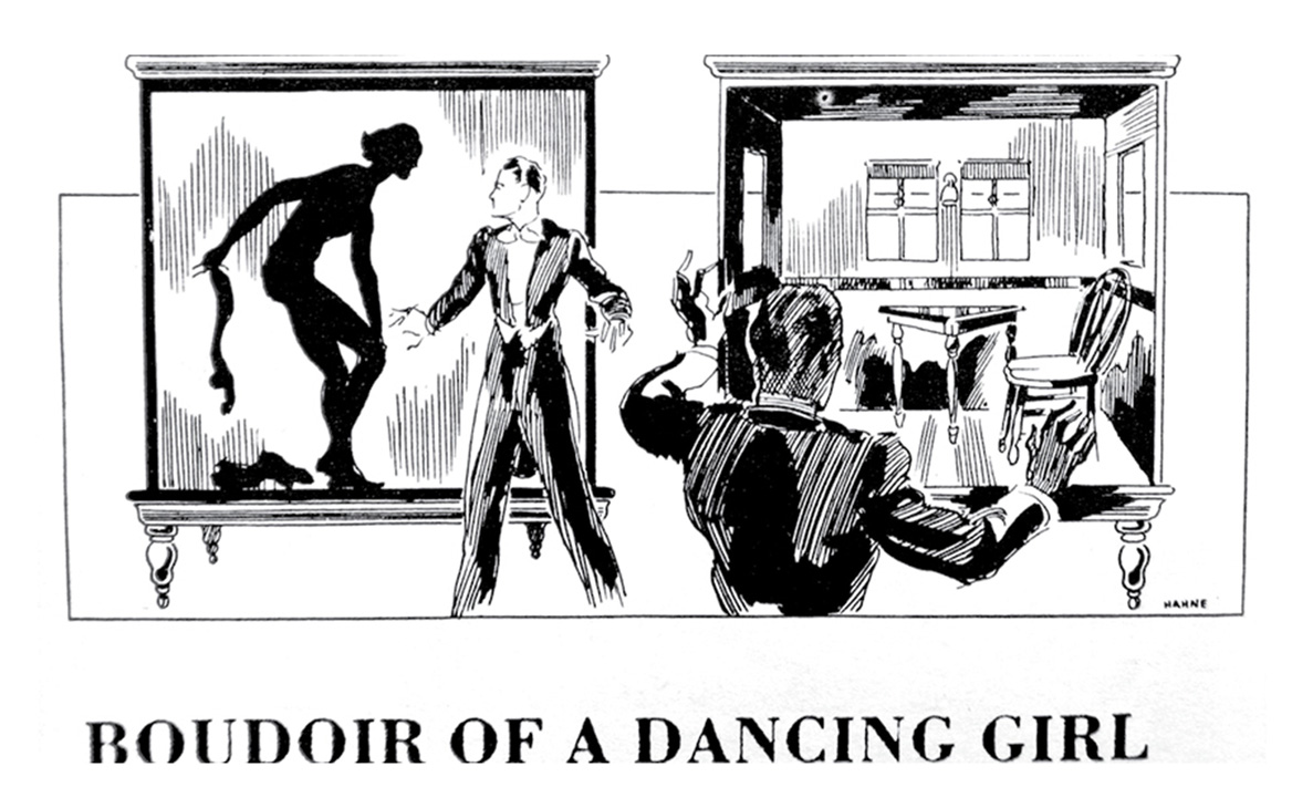 An illustration, circa nineteen twenties, captioned “Boudoir of a Dancing Girl.”