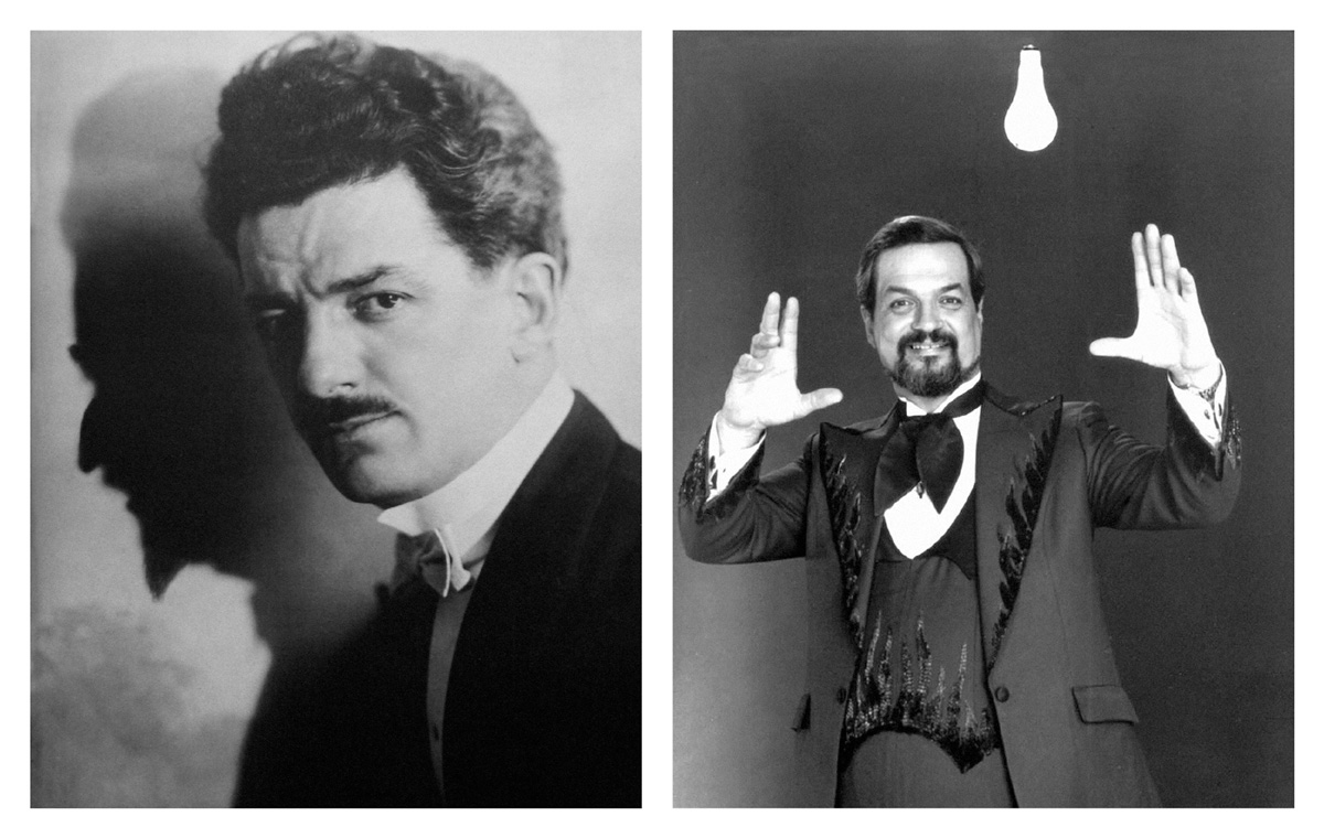 Two photographs, one of Harry Blackstone Senior, circa nineteen twenty, and the other of his son Harry Blackstone Junior, performing The Blackstone Floating Light Bulb, nineteen eighty five.