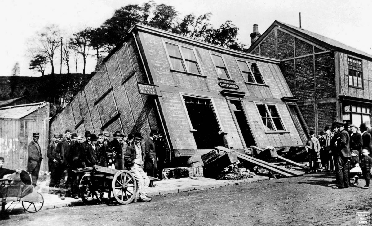 Offices on Castle Street, Northwich, leaning backwards and almost toppling over as a result of subsidence from the salt mine beneath, 1891. Courtesy Cheshire Museum Services.