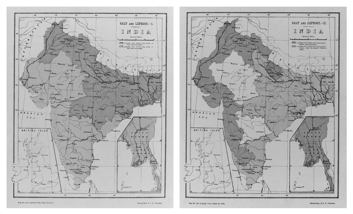 Salt and Leprosy I (left): The [darker] area shows where the price of salt has decreased, the other area shows where the price of salt has increased. Salt and Leprosy II (right): The [darker] area establishes where the leprosy population has decreased, the other area where the leprosy population has increased. Maps from Leprosy in India: Report of the Leprosy Commission in India, 1890–91 (Calcutta: Superintendent of Government Printing, 1892). Courtesy Wellcome Library.