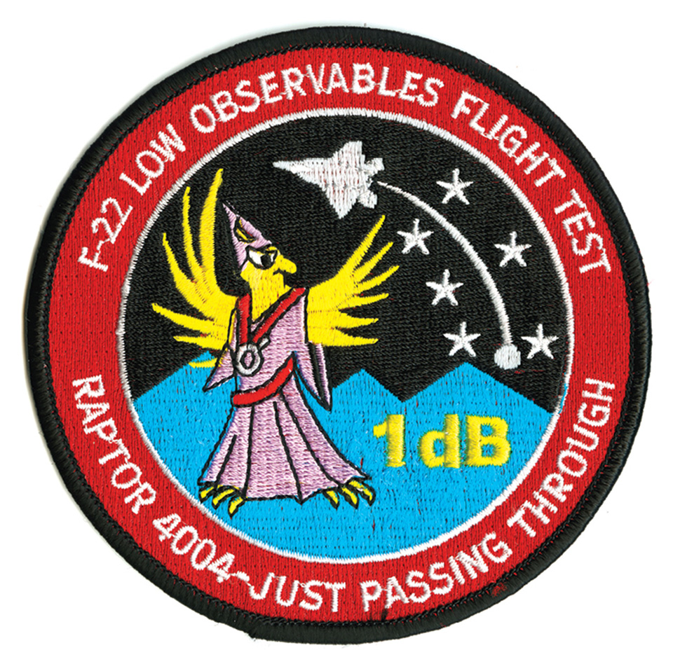 A commemorative patch for a classified flight test of an F-22 Raptor aircraft at Groom Lake.