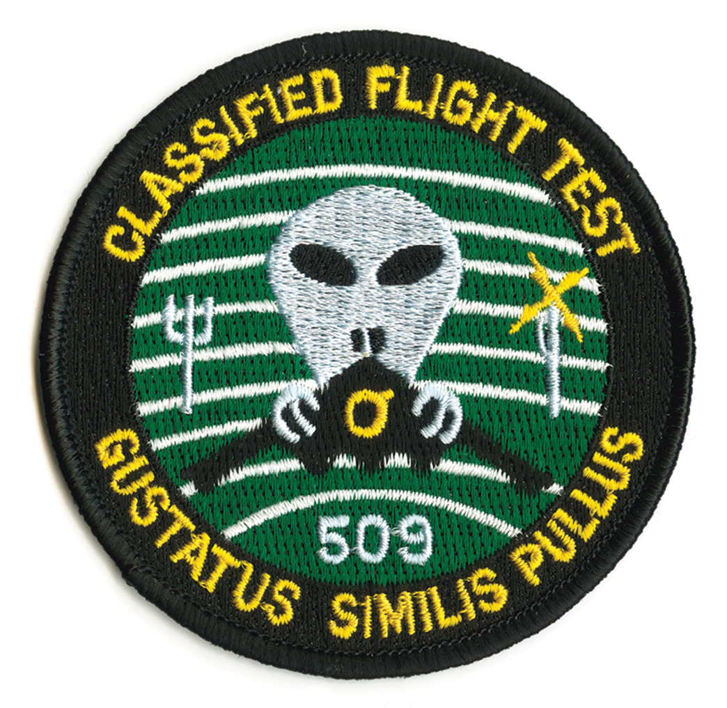 A patch commemorating a test flight of a B-2 “Spirit” stealth bomber.