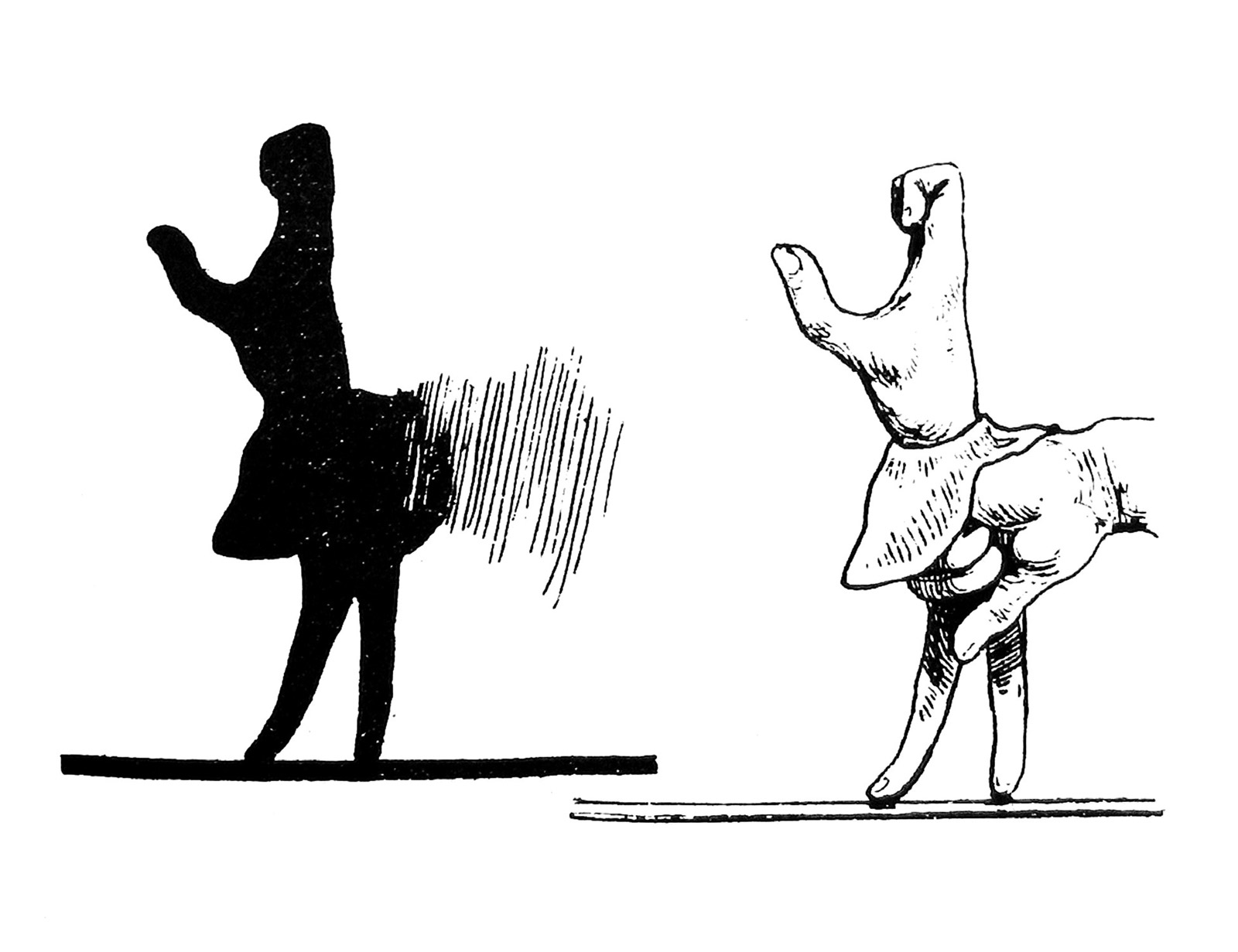 The front of this issue’s postcard featuring two illustrations explaining how to make a ballerina shadow figure.