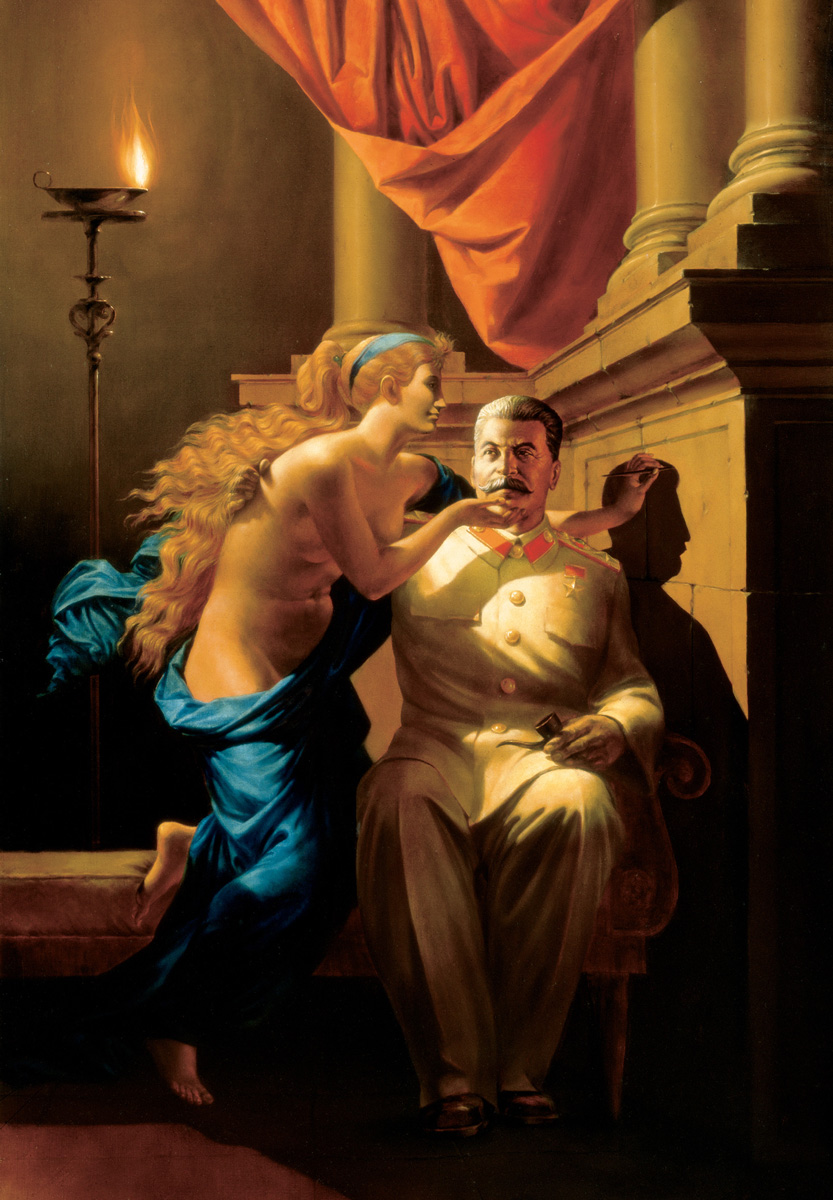 A nineteen eighty two nineteen eighty three painting by Komar and Melamid titled “The Origin of Socalist Realism.” It depicts a woman tracing the shadow of Stalin’s head on the wall behind him.