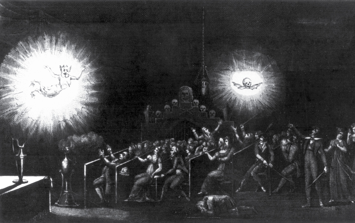 The frontispiece from Etienne-Gaspard Robertson’s “Mémoires récréatifs” depicting a phantasmagoria lantern projection.