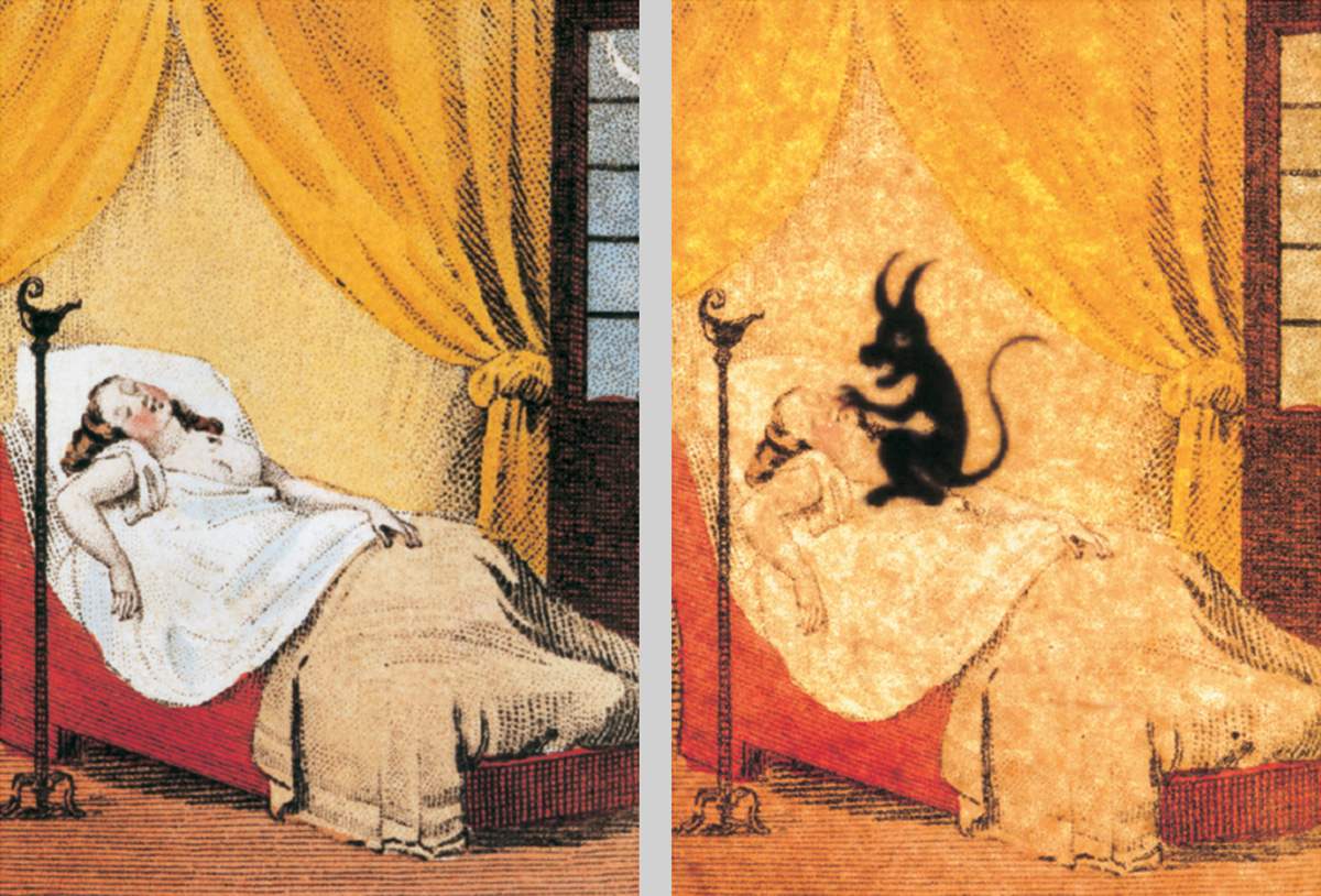 A trick lithograph, circa eighteen thirties, based on Henry Fuseli’s eighteen seventy one painting “The Nightmare.” The creature appears only when the lithograph is lit from behind.