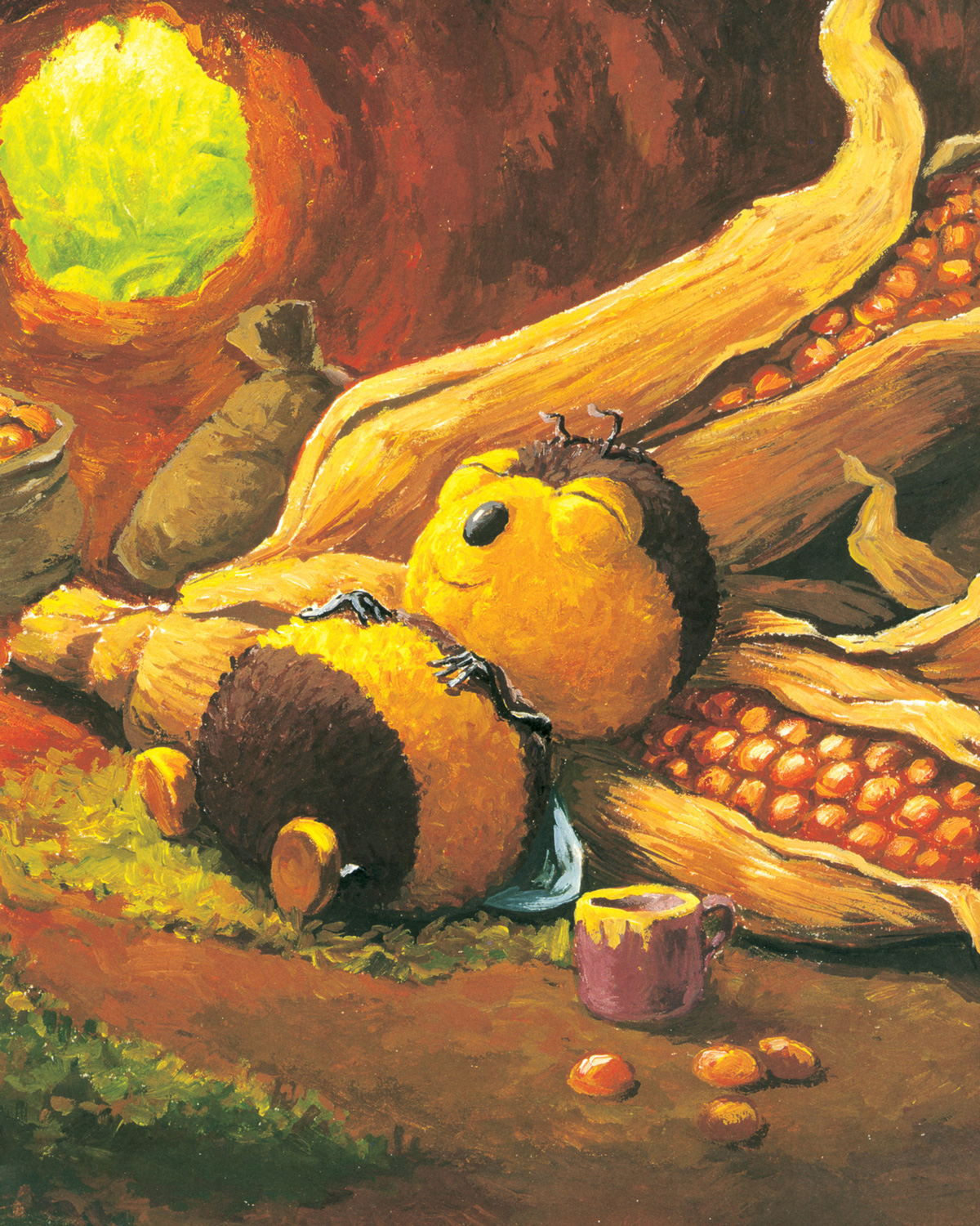 Illustration by Antoon Krings, from Les recettes des Drôles de Petites
Bêtes, 2005. The drawing of Léon the Bumblebee accompanies a recipe for a
corn and popcorn soup consisting of canned corn warmed in butter to which is
added milk, cream, and salt, and then finished with caramelized popcorn. One
might wish to note the visual relation between the popcorn and the form of
Léon, the very image of the satisfied gourmand. Courtesy Gallimard Jeunesse.