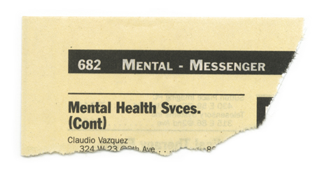 The torn corner of a Yellow Pages telephone directory: Mental to Messenger