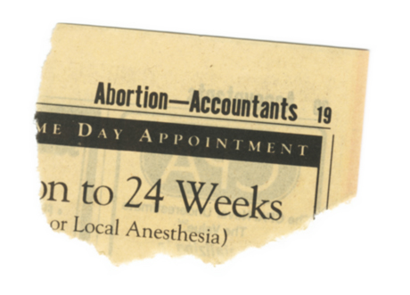 The torn corner of a Yellow Pages telephone directory: Abortion to Accountants