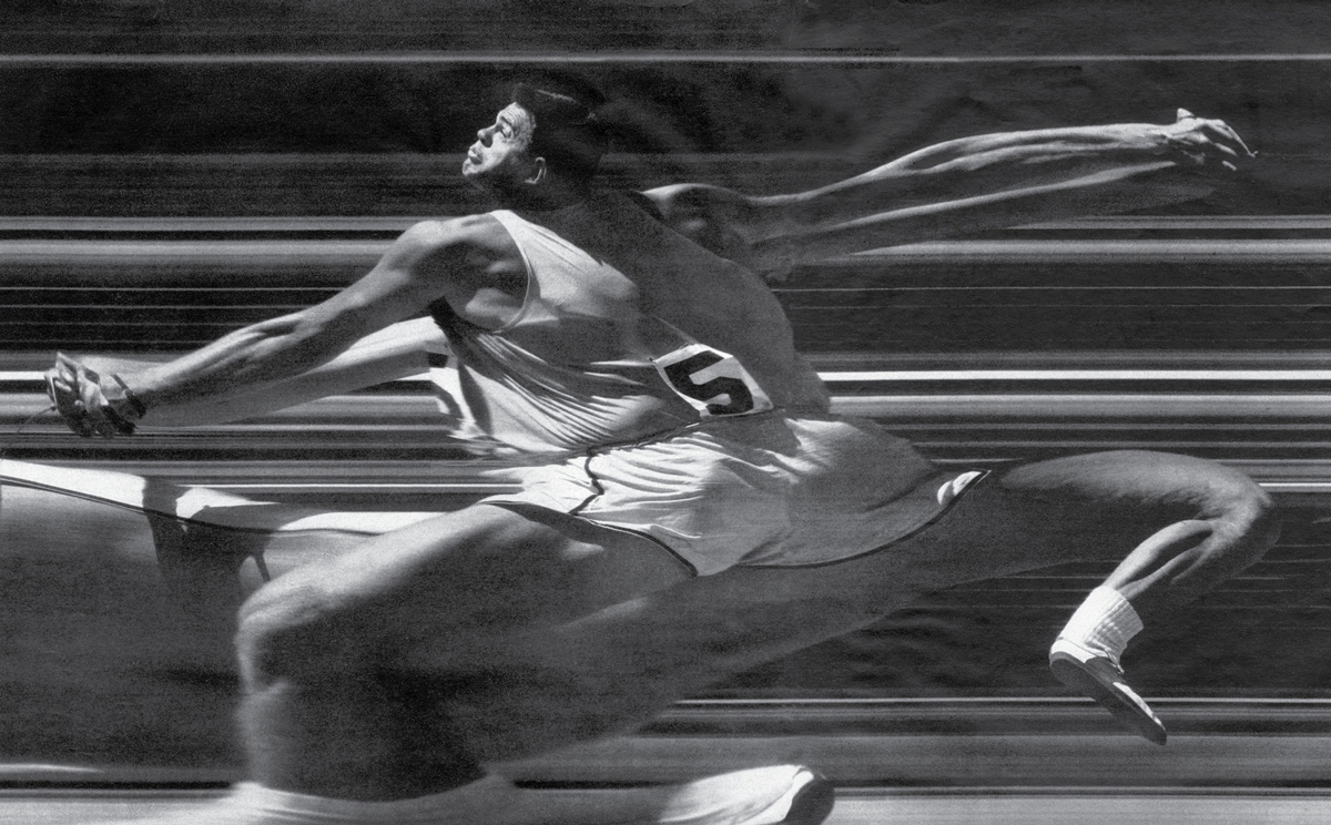 A distorted photograph of hammer-thrower Ed Bagdonas at the nineteen sixty Olympic tryouts at Palo Alto, CA. Life photographer George Silk used a portable version of a photo-finish camera “to capture the essence of the most classical of man’s athletic endeavor.”