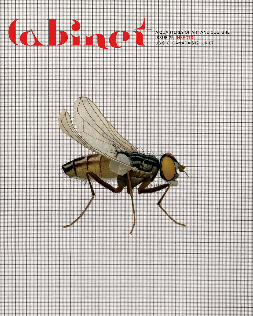 A drawing produced between 1985 and 1986 by artist Cornelia Hesse-Honegger entitled Housefly, mutant “aristapedia.” It depicts a lab-produced mutant fly with yellow eyes, a yellow body, opaque wings that curve up, and leg parts growing out of its feelers.