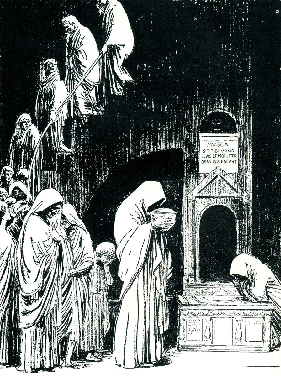 Virgil’s funeral for his pet fly, as depicted in Ripley’s Wonder Book of Strange Facts, 1957. The Latin inscription on the tomb reads: “Fly, may this urn prove light for you, and may your bones rest easily.”
