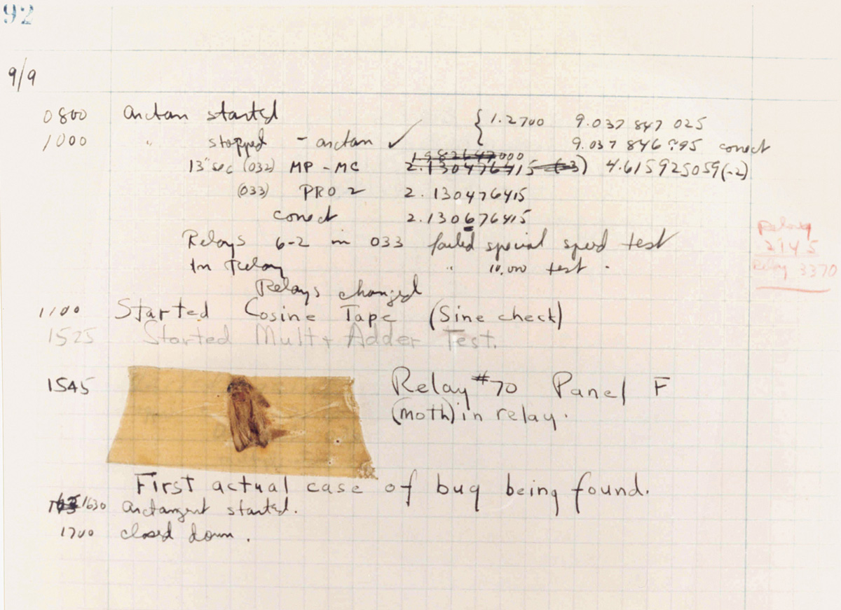 A piece of paper from the logbook of pioneering computer scientist Grace Murray Hopper on which the moth that legend falsely has it gives us the term “computer bug” is taped, along with information on when and where it was found.