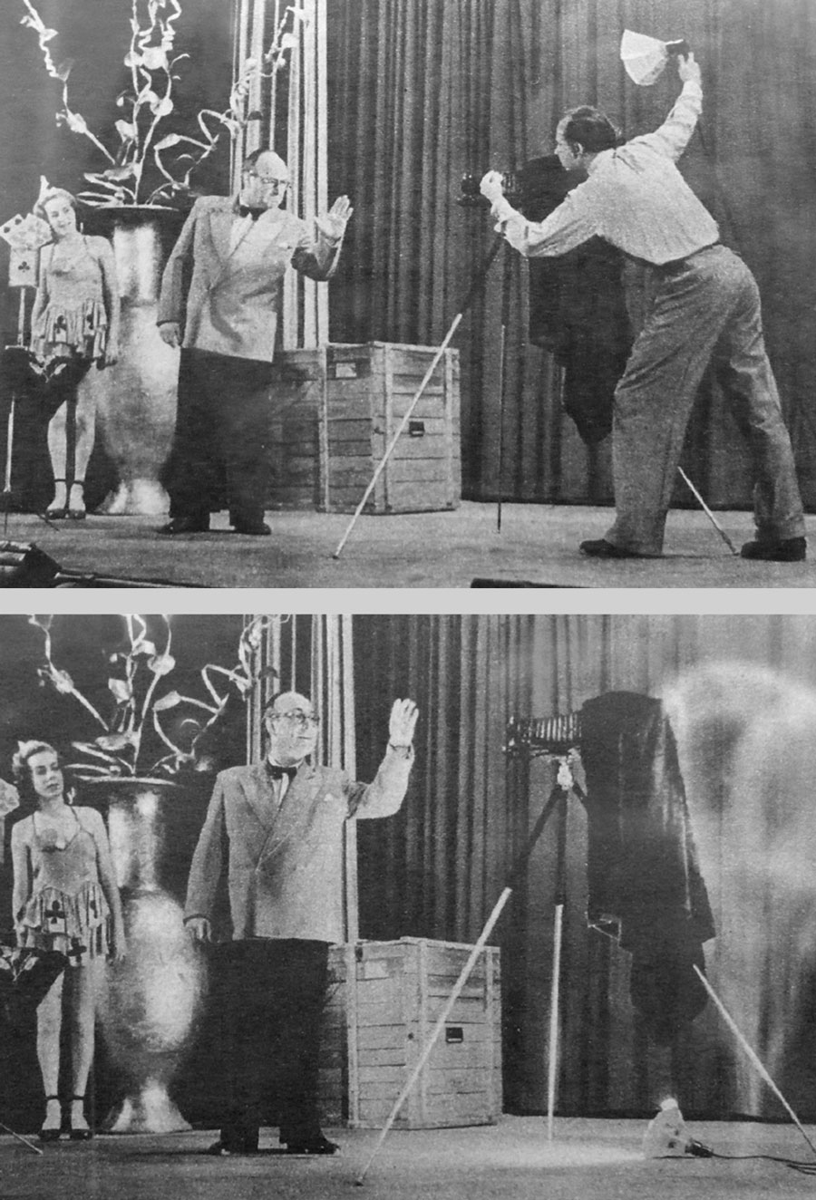 Two photographs showing Kalanag vanishing a newspaper photographer, September nineteen forty nine.
