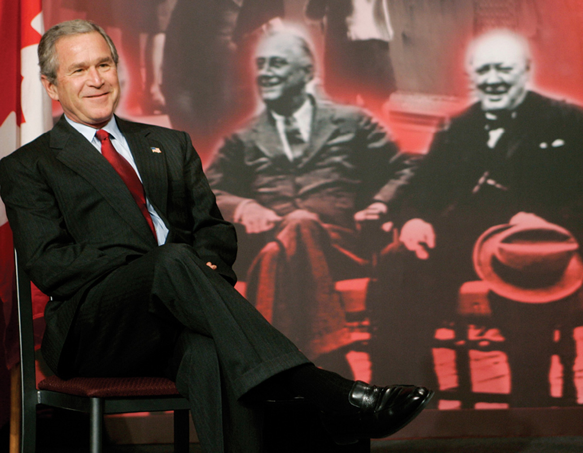 A photograph of George W. Bush before giving a speech in Halifax, Canada, 1 December two thousand four. 