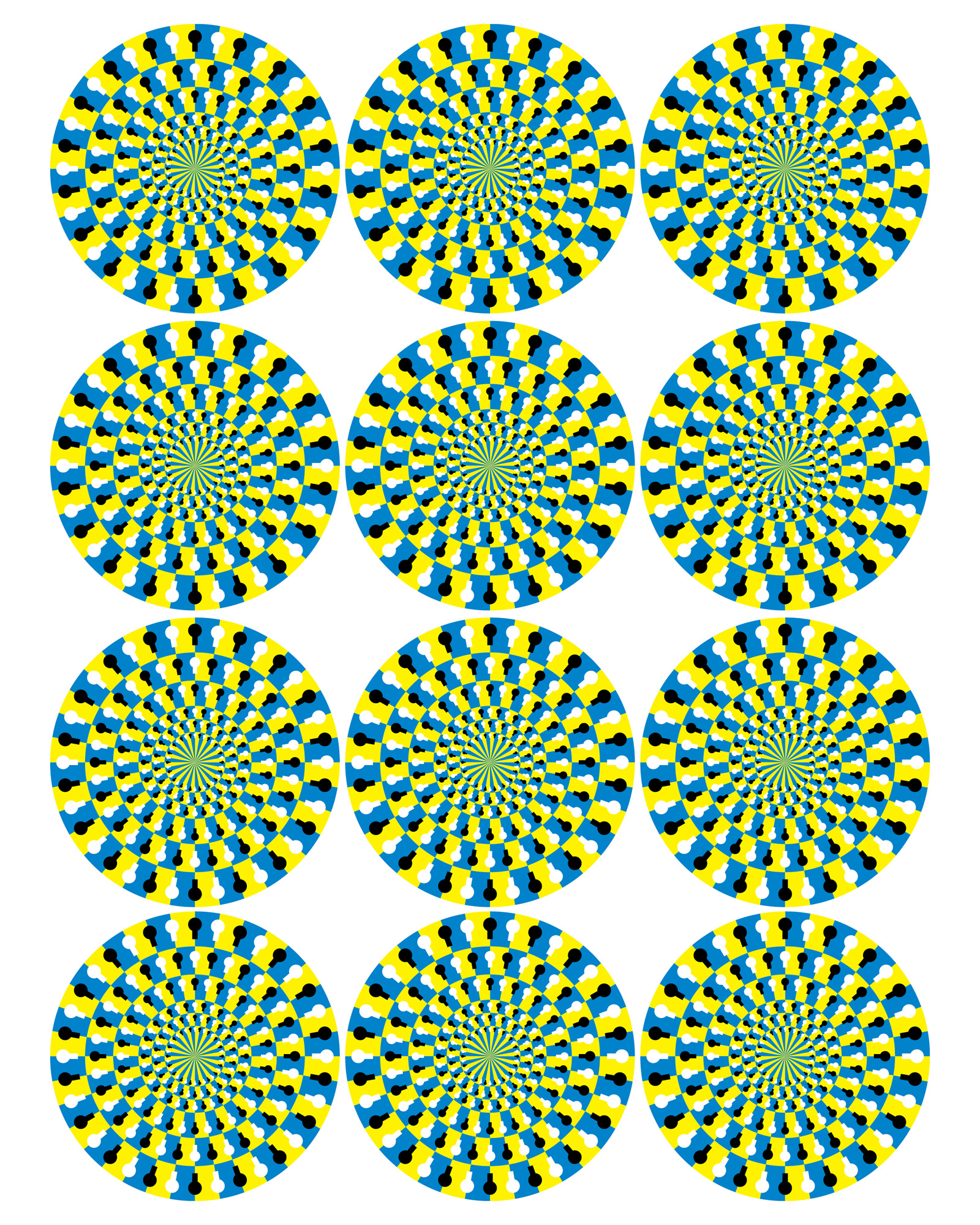 Twelve blue, black, yellow, and white pinwheels that produce an optical illusion of spinning.
