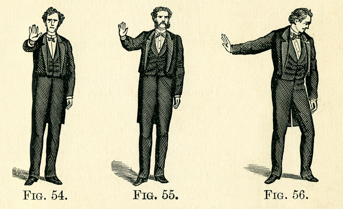An illustration from A. M. Bacon’s eighteen seventy five book “Manual of Gesture” depicting three different hand gestures.