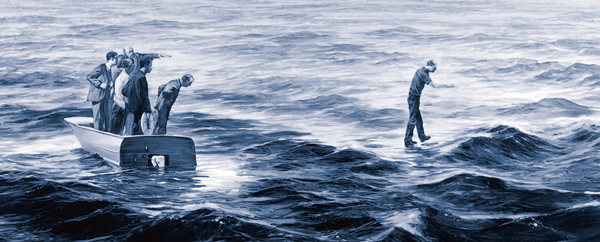 /></center>
<p>Artist Mark Tansey paints <i>The Myth of Depth</i>, in which Jackson Pollock walks on water while the art critic Clement Greenberg looks on approvingly from the boat alongside painters Arshile Gorky, Robert Motherwell, Mark Rothko, Helen Frankenthaler, and Kenneth Noland.</p>
<p> </p><hr style=