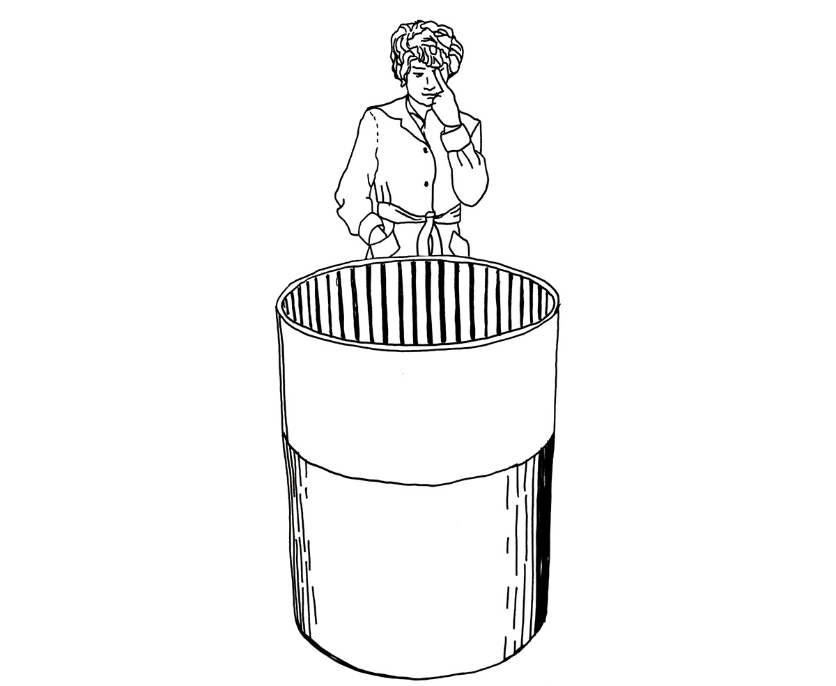 An illustration of a woman looking into a painted drum.