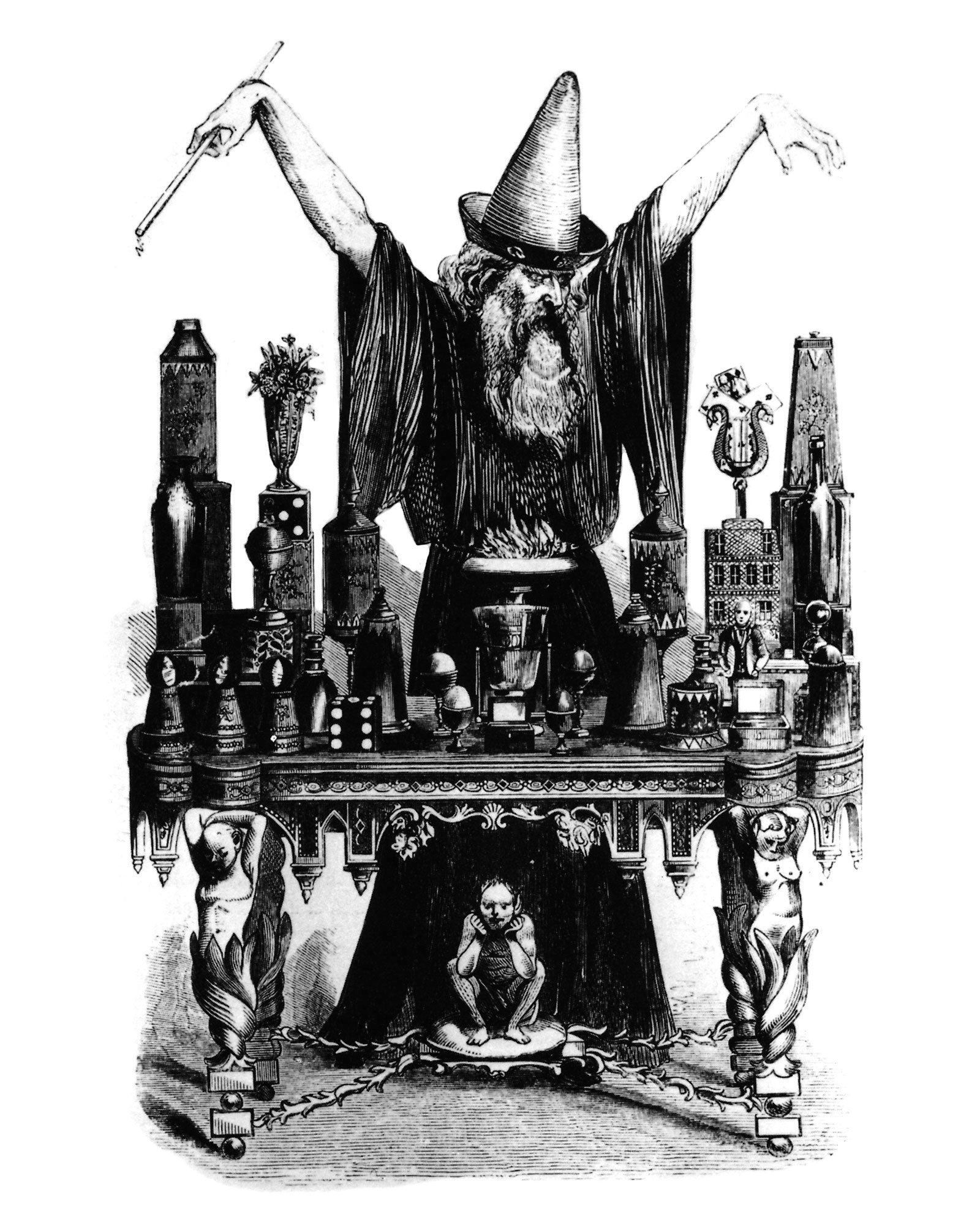 A circa eighteen fourties drawing by Henry Novra of a conjuring table piled high with accoutrements of the magic trade.