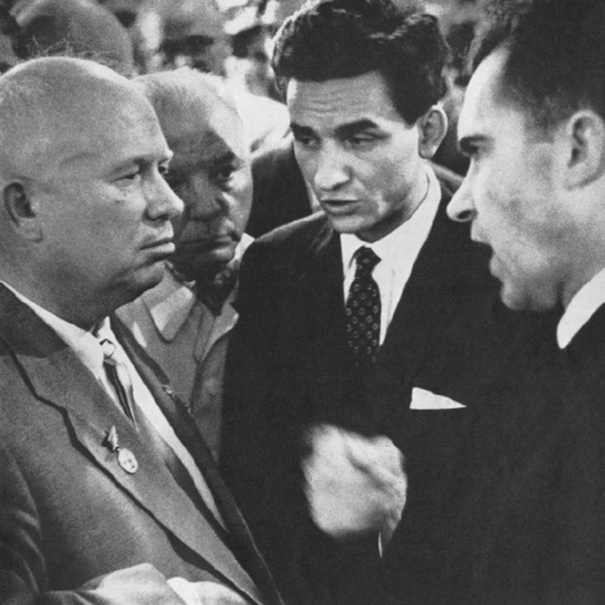 A photograph of Khrushchev and Nixon at the Kitchen Debate.