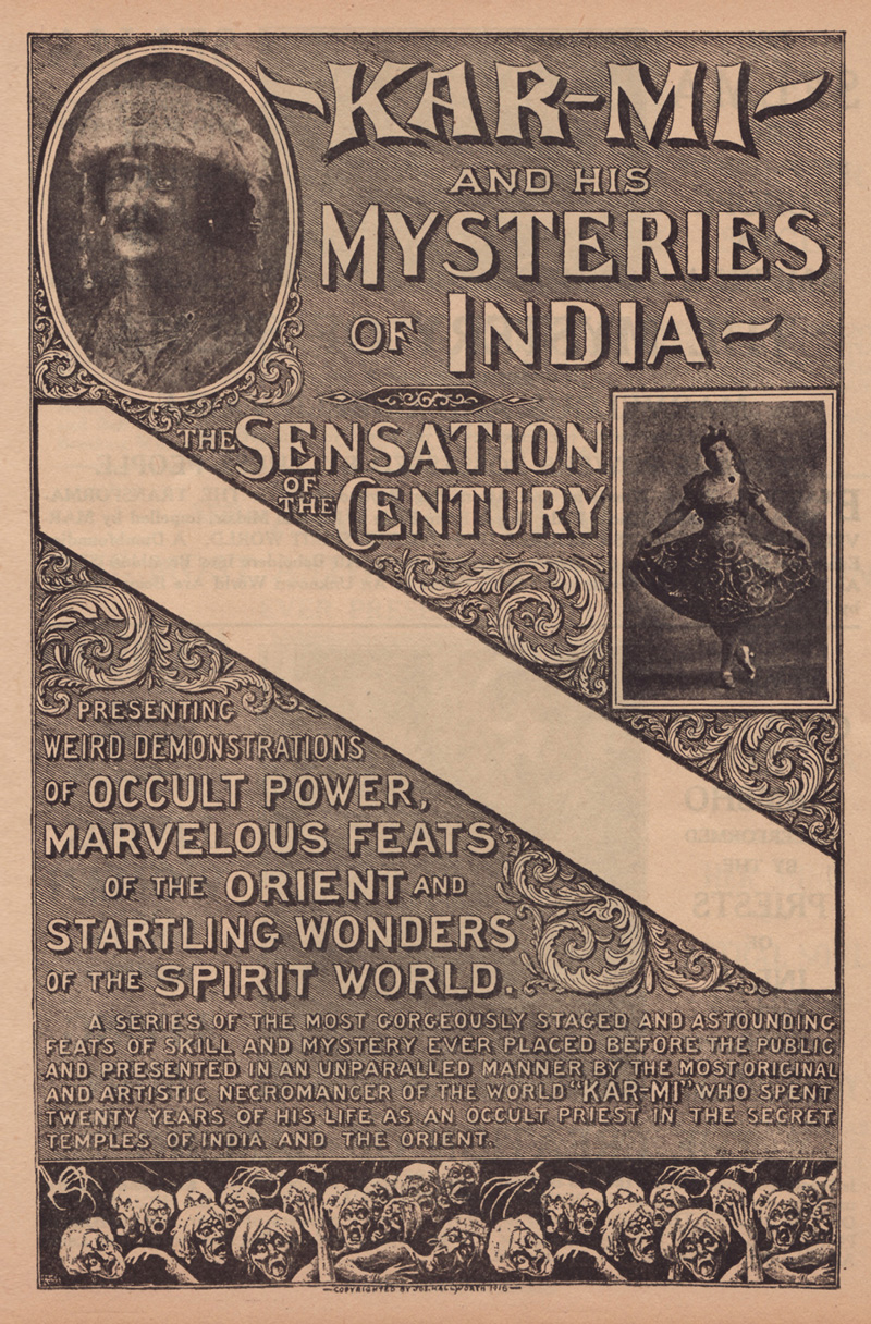 Publicity leaflet for “Kar-Mi and His Mysteries of India,” 1916. Courtesy Jonathan Allen.