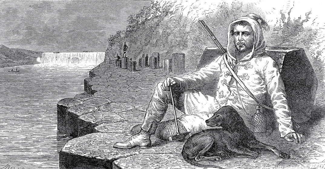 An illustration showing Dr. Eugène Joubert (a member of the Mekong Expedition) and his dog Fox, Dragon’s last friend whose departure, Garnier believed, triggered her suicide. From Francis Garnier’s eighteen eighty five book “Voyage d’exploration en Indo-Chine, effectué pendant les années eighteen eighty six, eighteen eighty seven et eighteen eighty eight par une commission française.” 