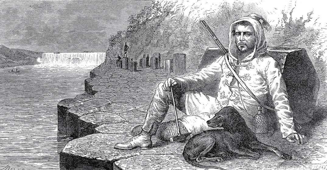 An illustration showing Dr. Eugène Joubert (a member of the Mekong Expedition) and his dog Fox, Dragon’s last friend whose departure, Garnier believed, triggered her suicide. From Francis Garnier’s eighteen eighty five book “Voyage d’exploration en Indo-Chine, effectué pendant les années eighteen eighty six, eighteen eighty seven et eighteen eighty eight par une commission française.”