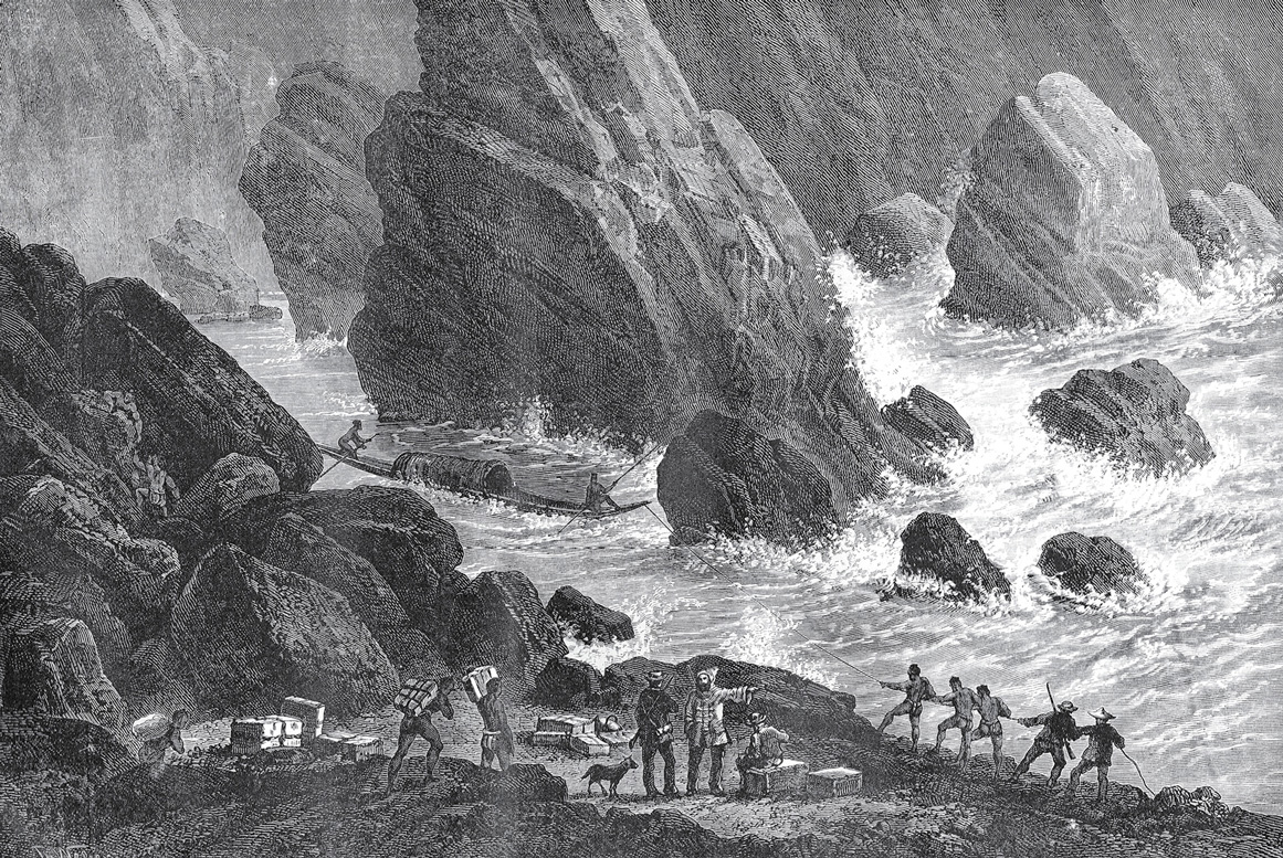 An illustration showing Garnier’s party along unidentified rapids, possibly at Sombor. The dog in the foreground is most probably Dragon. From Francis Garnier’s eighteen eighty five book “Voyage d’exploration en Indo-Chine, effectué pendant les années eighteen eighty six, eighteen eighty seven et eighteen eighty eight par une commission française.” 