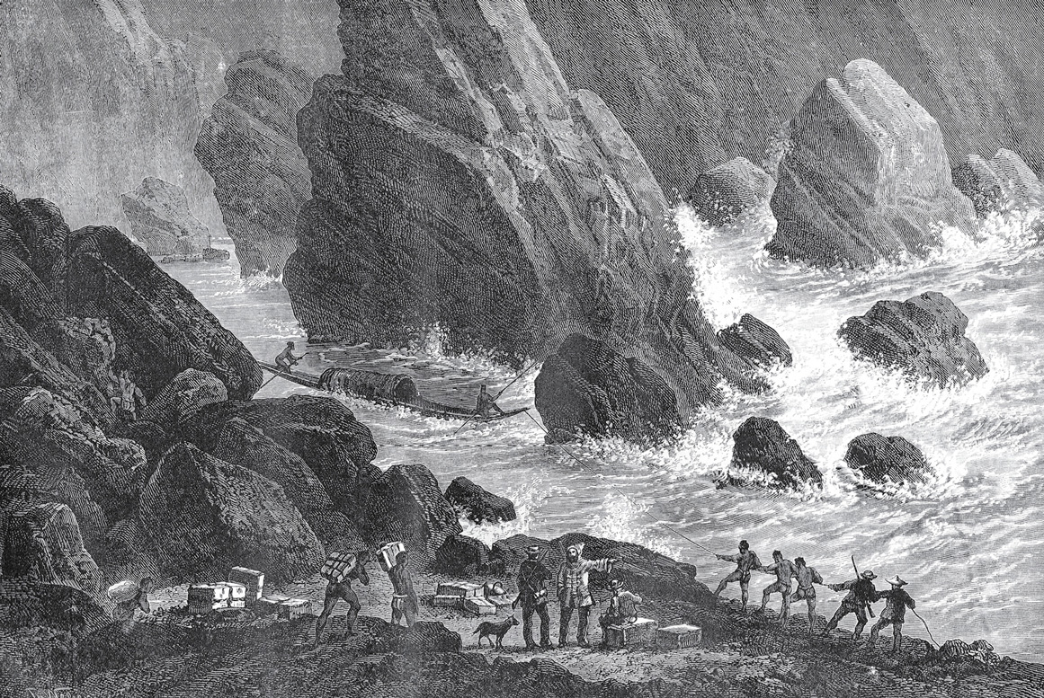 An illustration showing Garnier’s party along unidentified rapids, possibly at Sombor. The dog in the foreground is most probably Dragon. From Francis Garnier’s eighteen eighty five book “Voyage d’exploration en Indo-Chine, effectué pendant les années eighteen eighty six, eighteen eighty seven et eighteen eighty eight par une commission française.”