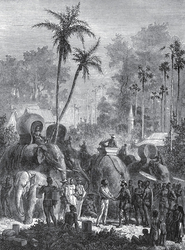 A drawing by Emile Bayard depicting Louis Delaporte greeting Captain Doudart de Lagrée and the rest of the Mekong expedition upon their arrival at Kémarat.