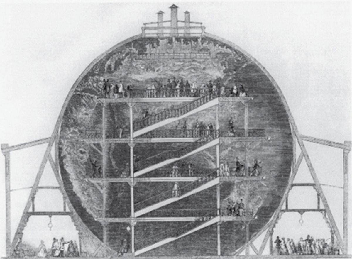 An illustration of James Wyld’s sixty-foot-tall, hollow, inside-out globe.