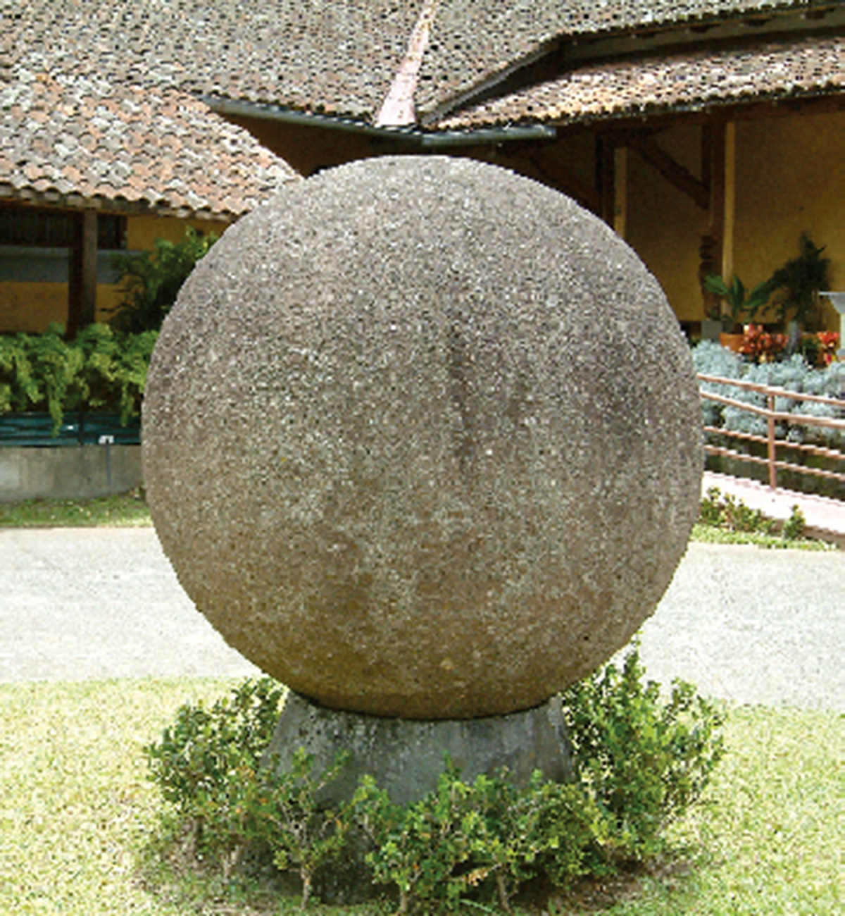 A photograph of a round stone sphere unearthed in the Diquis Valley of Costa Rica.