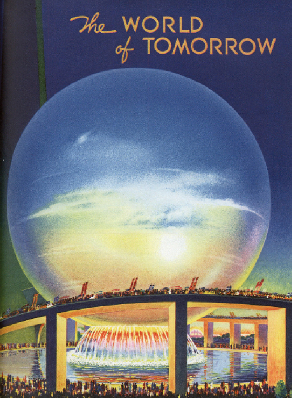 An illustration of the 180-foot tall Perisphere, a giant ball housing a model of a Utopian garden city of the future called “Democracity.”