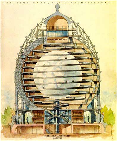 An illustration of Elisée Reclus’s proposition for the construction of a 418 feet tall inside-out globe.