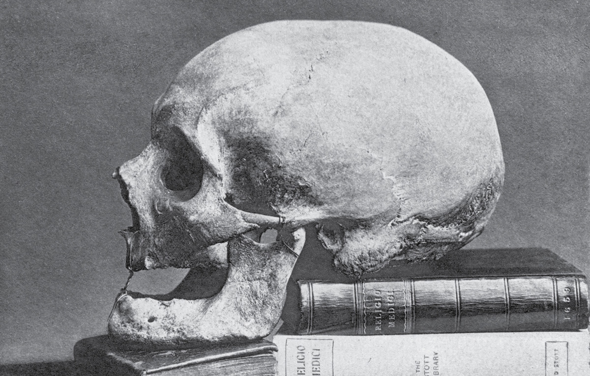 A photograph of the skull of Sir Thomas Browne resting on two volumes of 