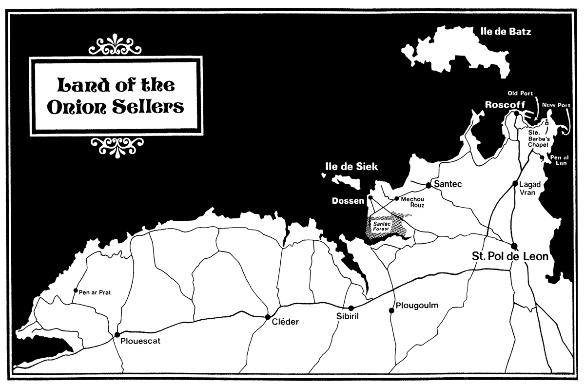 A map of northern Brittany in France captioned “Land of the Onion Sellers.”