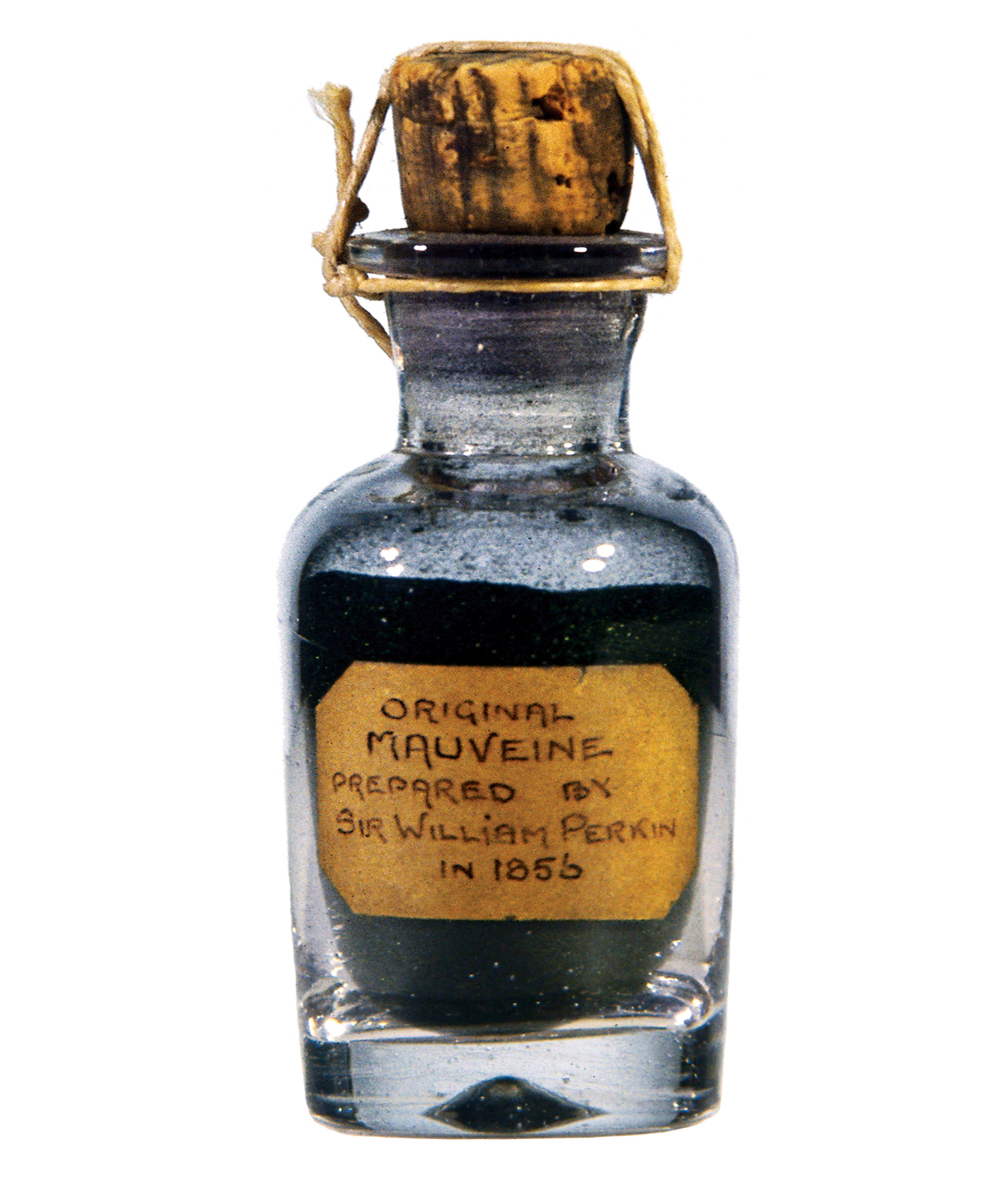 A photograph of a bottle of Sir William Perkin’s original mauve dye, eighteen fifty six. 