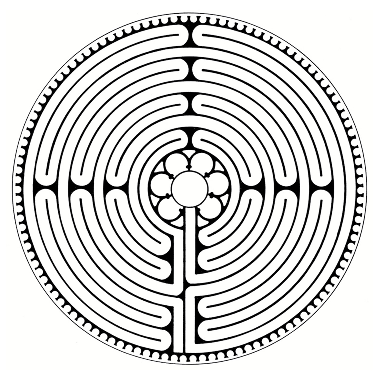 A diagram of the labyrinth in the nave of Chartres Cathedral, a classic eleven-circuit labyrinth, circa eleven ninety four to twelve twenty.