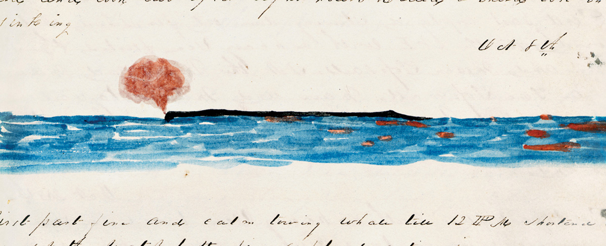 A drawing of a sperm whale at the water’s surface, from the log of the ship 