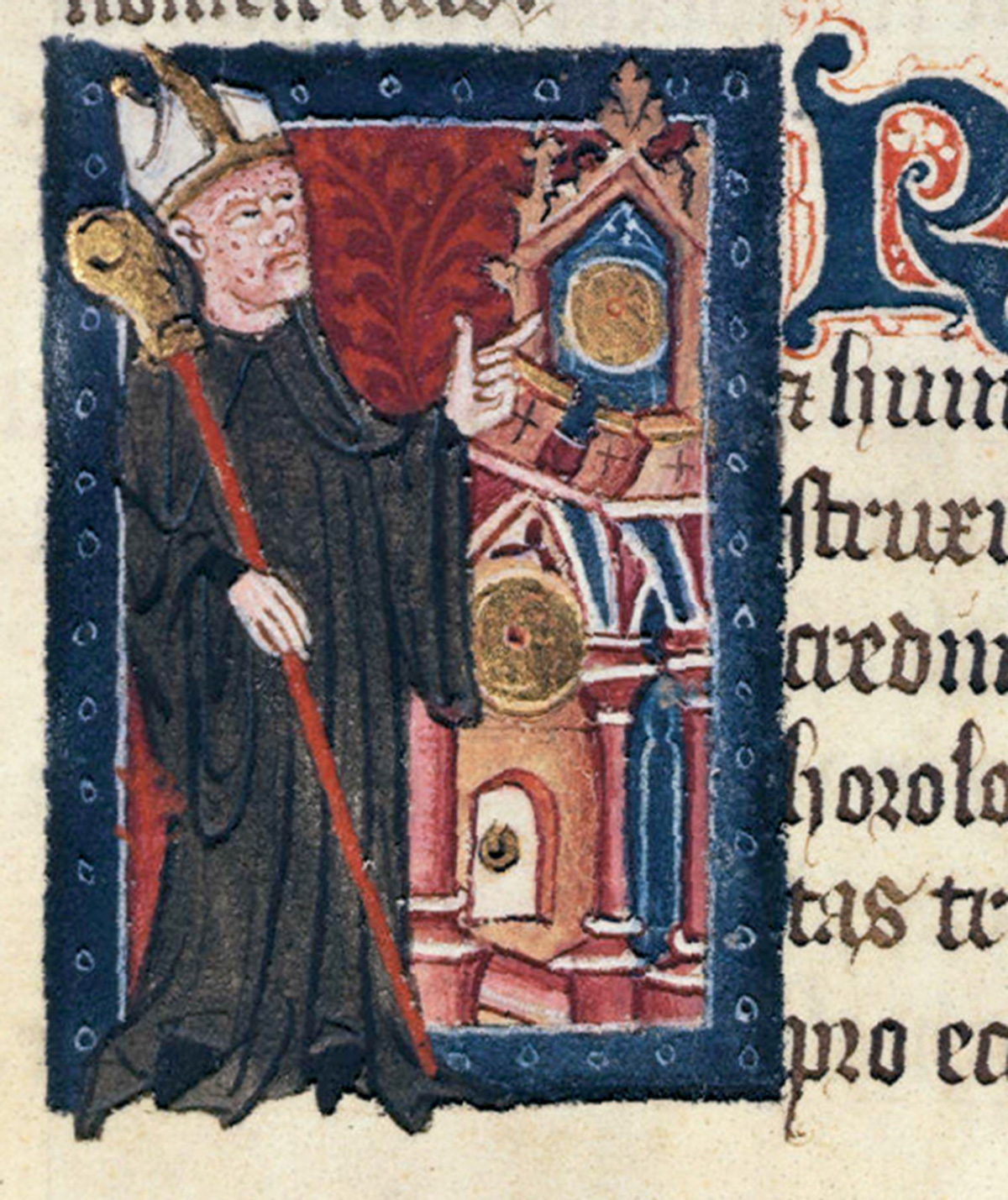 A medieval miniature depicting Abbott John of Wallingford pointing to a clock face.