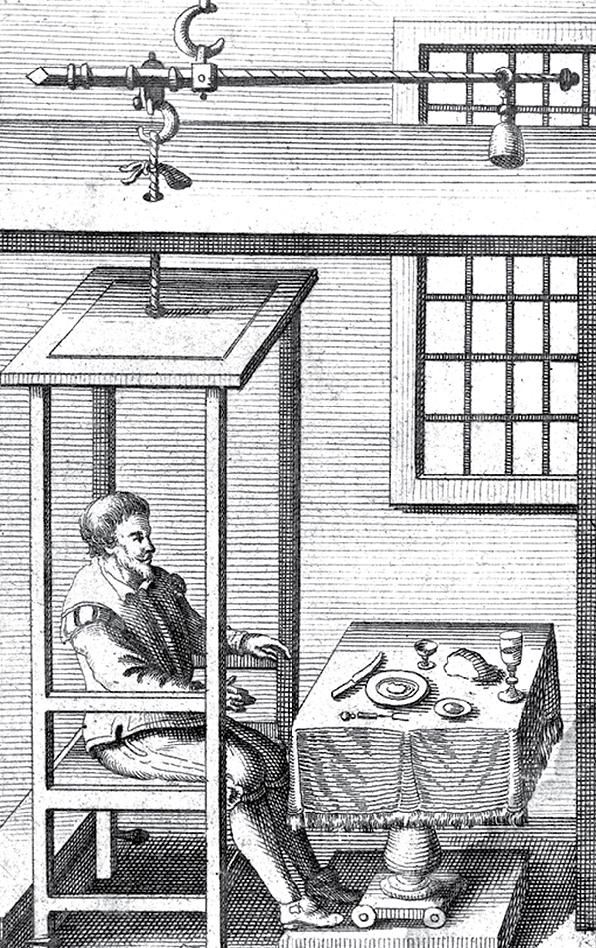 An illustration of Santorio Sanctorius in his “statical chair.”