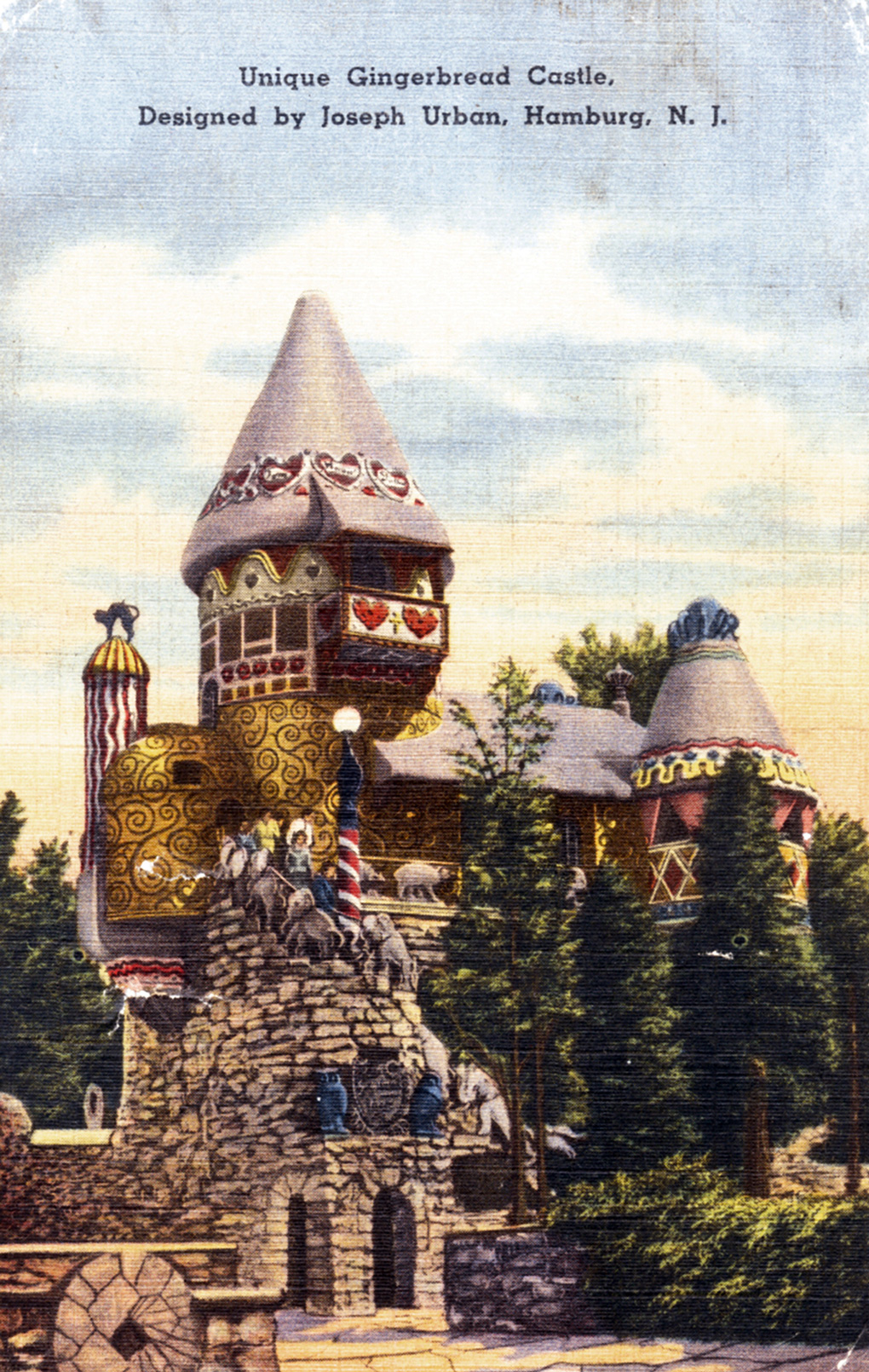 An illustration of the enchanted Gingerbread Castle on a postcard from its heyday.