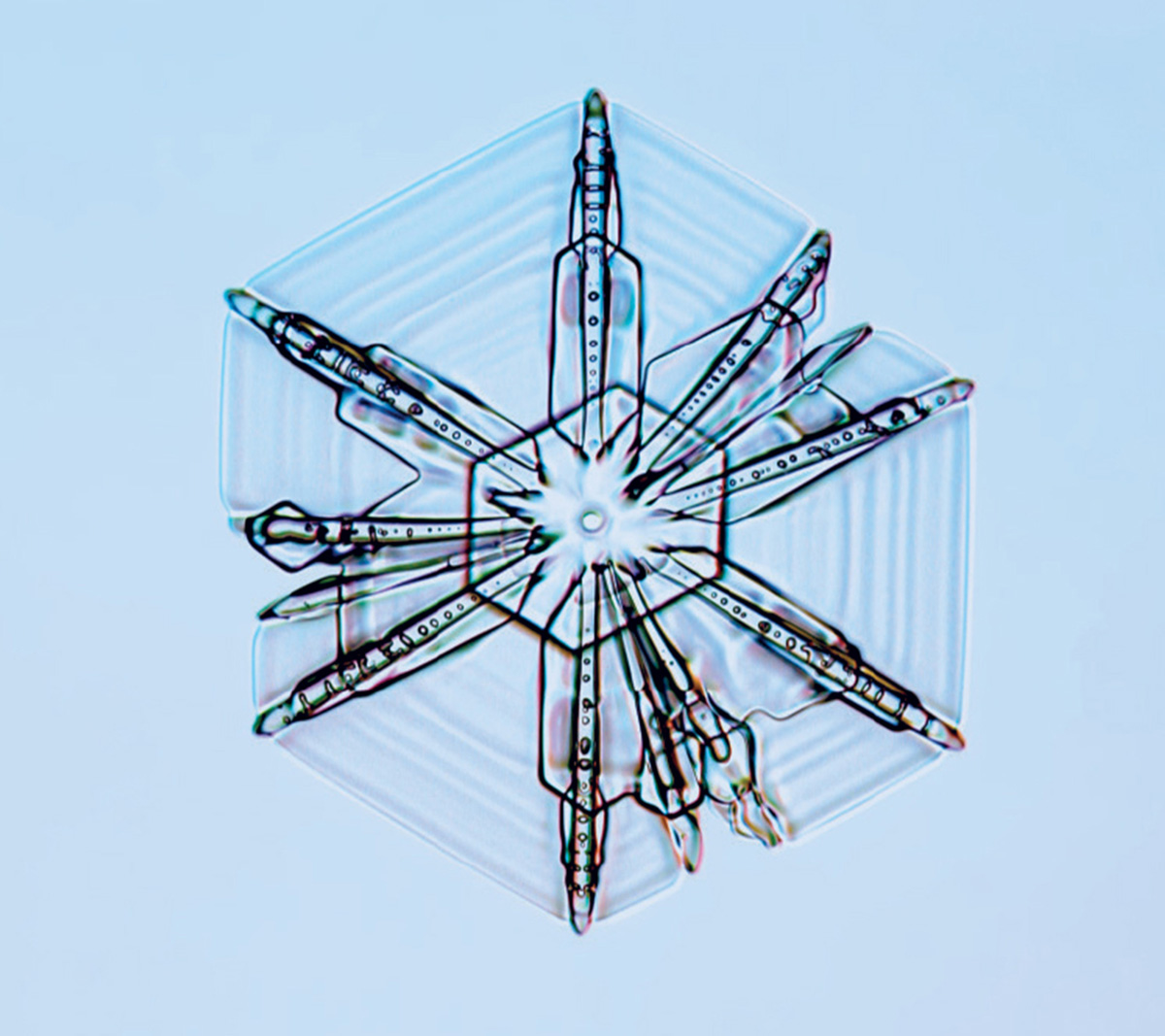 An image of a snowflake captured by Kenneth Libbrecht with a specially designed photomicroscope.