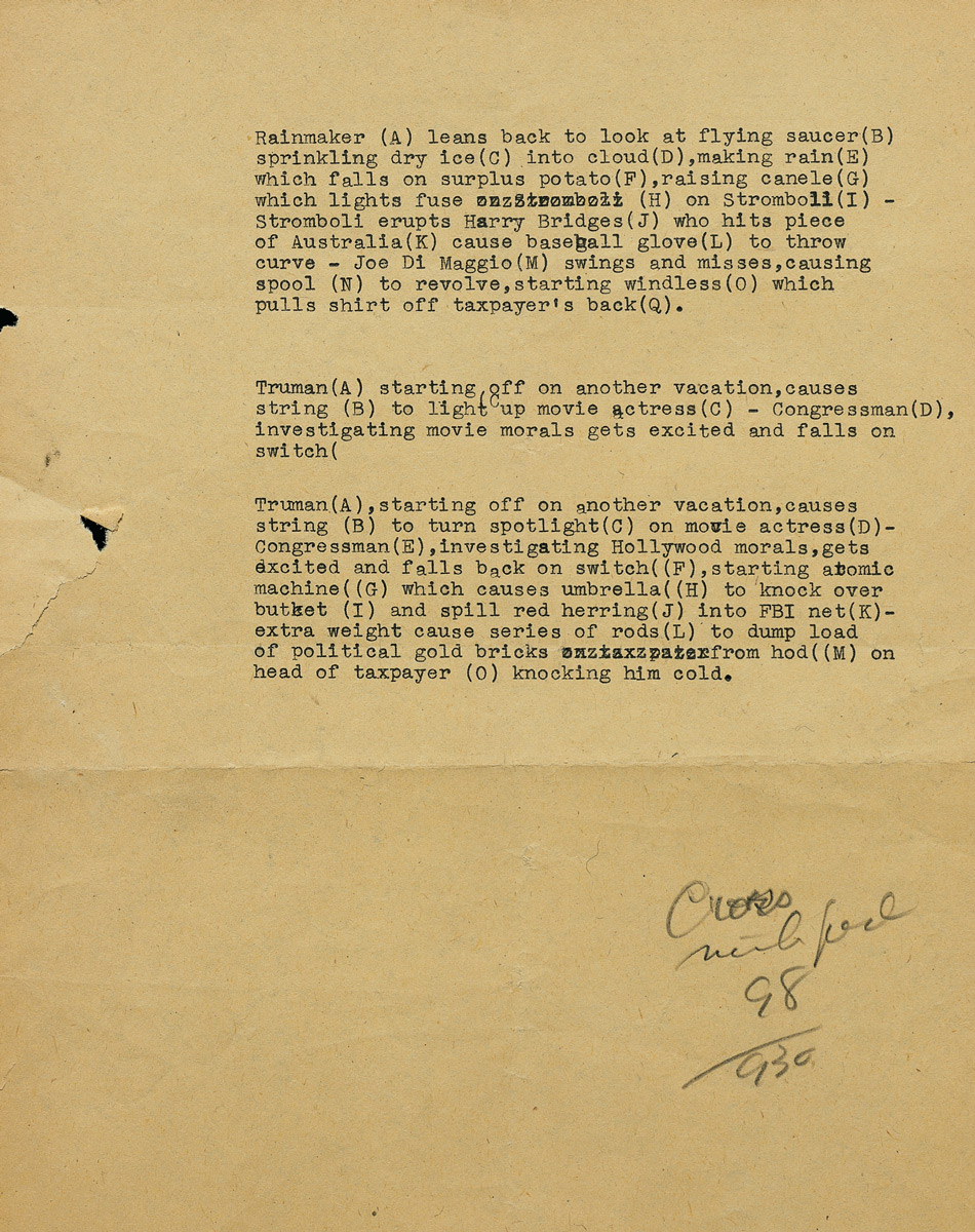 A typewritten text from around 1914 by artist Rube Goldberg describing several chain reaction scenarios.