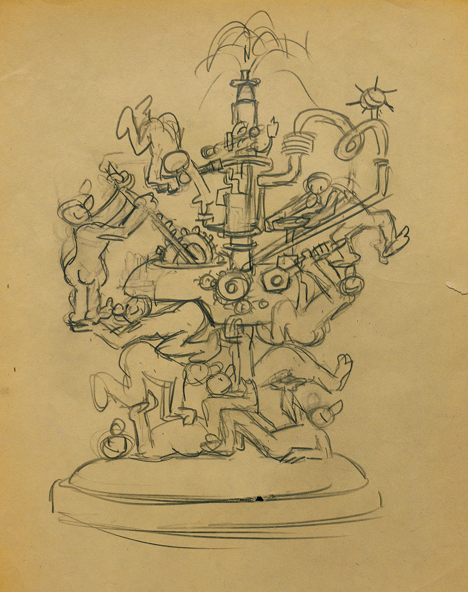 A sketch from around 1914 by artist Rube Goldberg depicting figures working on a machine.
